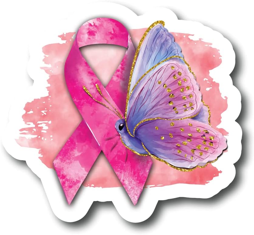 פרפר סרט סרטן | חודש המודעות לסרטן השד | רעיון מתנה נהדר | מדבקה מדבקה | חבילה 2 | מדבקות 5 אינץ '|